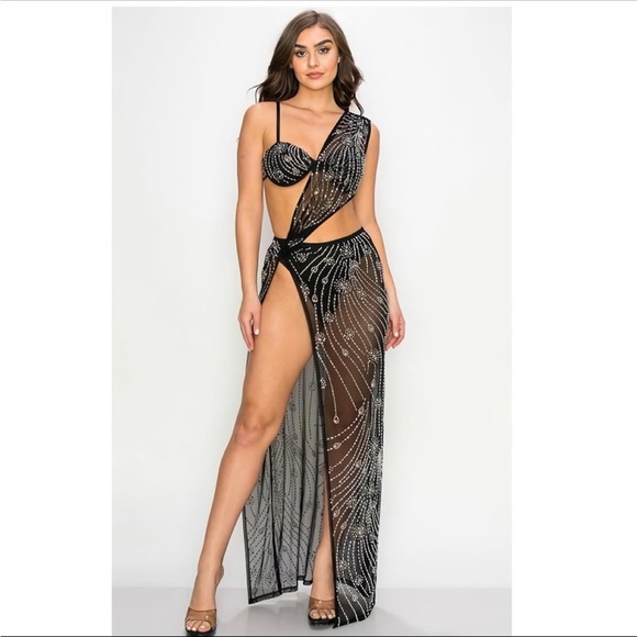 🔥12th‎ Tribe Valeria Black Rhinestone Maxi Dress Size M/L